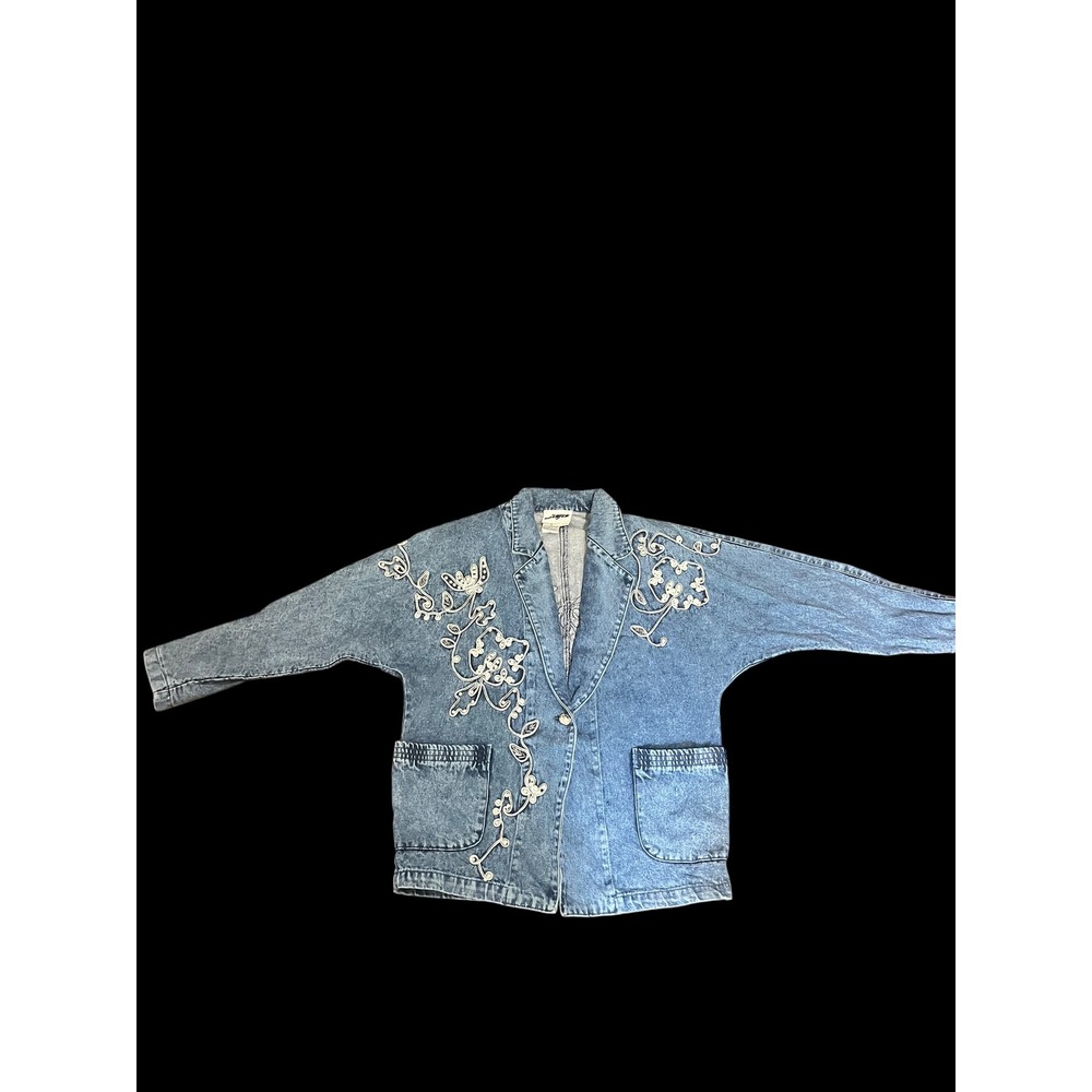 Vintage Jenjen Acid Wash Denim Blazer Floral Soutache Embroidery Jacket Blue S